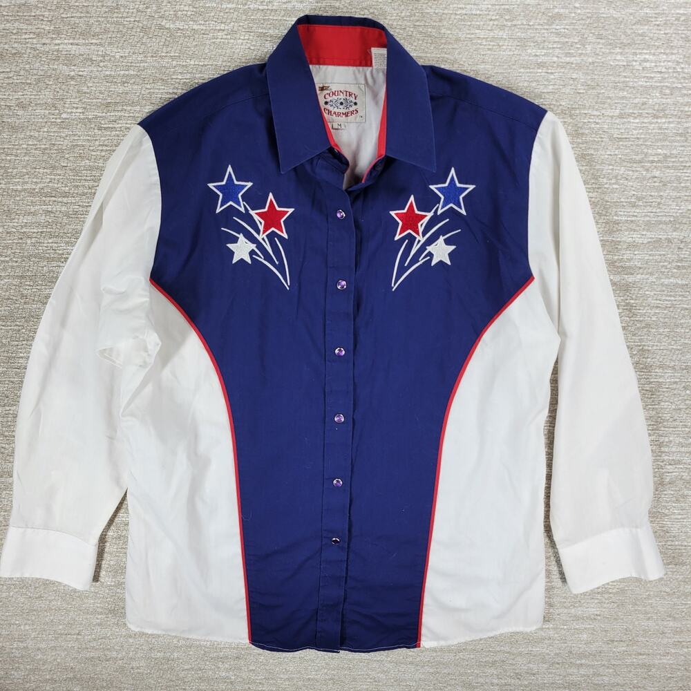 VTG Country Charmers Stars Western Shirt Womens M Pearl Snaps Patriotic Cowboy